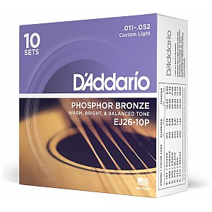 D'Addario EJ26-10P Phosphor Bronze Struny do gitary akustycznej, Custom Light, 11-52, 10 kpl 1/3