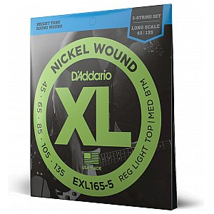 D'Addario EXL165 5-strunowe Nickel Wound Struny do gitary basowej, Custom Light, 45-135, Long Scale 1/3