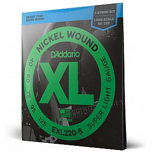 D'Addario EXL220-5 5-strunowe Nickel Wound Struny do gitary basowej, Super Light, 40-125, Long Scale 1/3