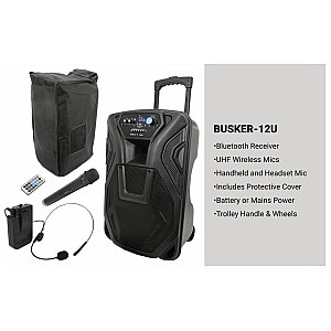qtx Kolumna mobilna Busker-12U Portable PA BT + UHF Handheld & Headset Mics 1/9