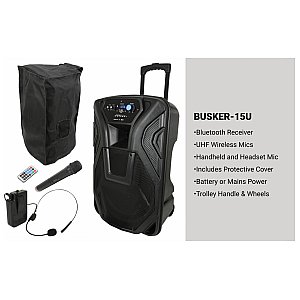 qtx Kolumna mobilna Busker-15U Portable PA BT + UHF Handheld & Headset Mics 1/9