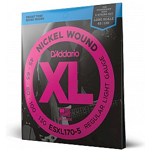 D'Addario ESXL170-5 Nickel Wound 5-strunowe Struny do gitary basowej, Light, 45-130, Double zakończone kulką, Long Scale 1/3