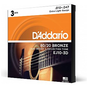 D'Addario EJ10-3D Bronze Struny do gitary akustycznej, Extra Light, 10-47, 3 kpl 1/3