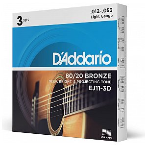 D'Addario EJ11-3D 80/20 Bronze Struny do gitary akustycznej, Light, 12-53, 3 kpl 1/3