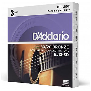 D'Addario EJ13-3D 80/20 Bronze Struny do gitary akustycznej, Custom Light, 11-52, 3 kpl 1/3