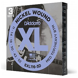 D'Addario EXL116-3D Nickel Wound Struny do gitary elektrycznej, Medium Top/Heavy Bottom, 11-52, 3 kpl 1/3