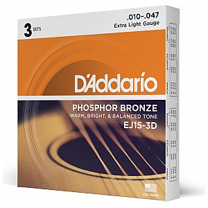 D'Addario EJ15-3D Phosphor Bronze Struny do gitary akustycznej, Extra Light, 3 kpl 1/3